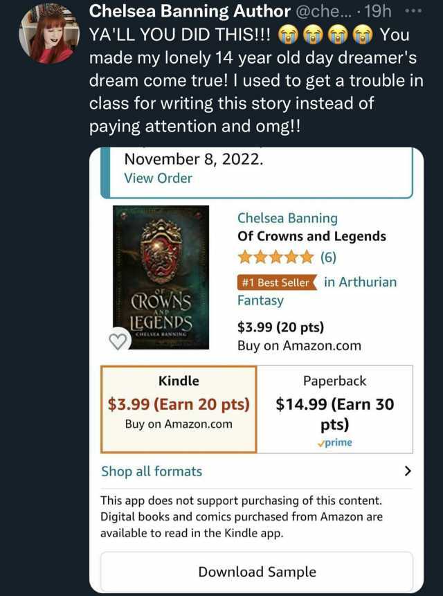 Chelsea Banning Author @che... 19h YALL YOU DID THIS!!! made my lonely 14 year old day dreamers dream come true! I used to get a trouble in class for writing this story instead of paying attention and omg!! November 8 2022. View O