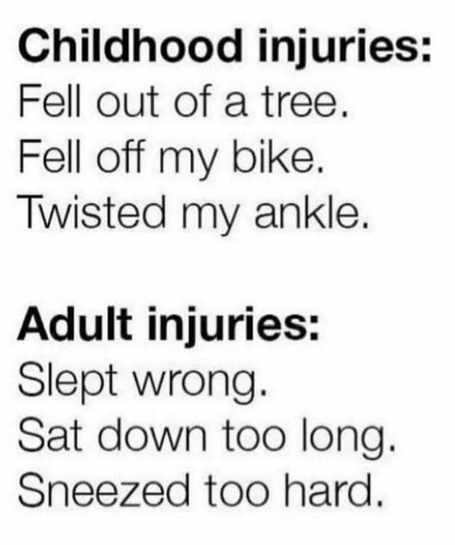 Childhood injuries Fell out of a tree. Fell off my bike. Twisted my ankle. Adult injuries Slept wrong. Sat down too long. Sneezed too hard.