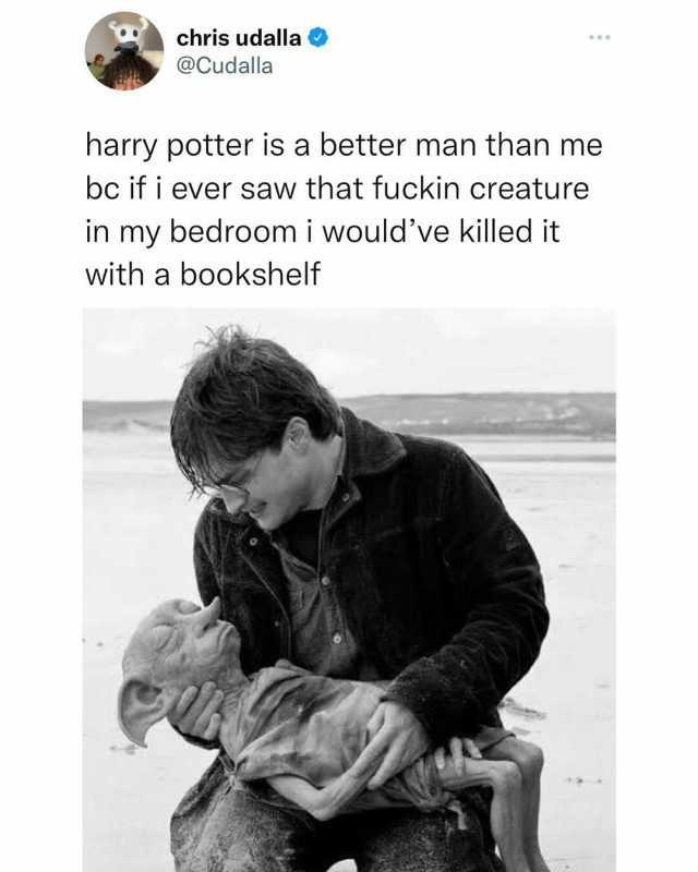 chris udalla @Cudalla harry potter is a better man than me bc if i ever saw that fuckin creature in my bedroom i wouldve killed it with a bookshelf
