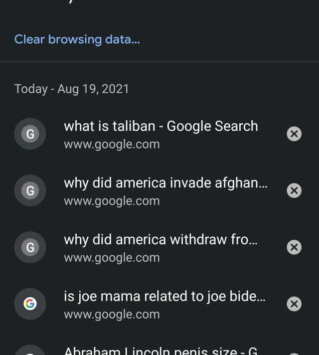 Clear browsing data... Today - Aug 19 2021 what is taliban - Google Search G www.google.com why did america invade afghan.. G www.google.com why did america withdraw fro. G www.google.com is joe mama related to joe bide... www.goo