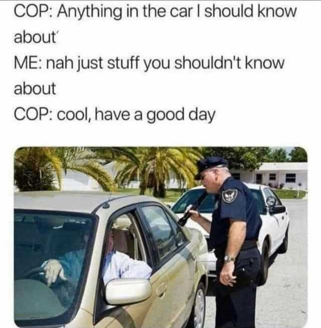 COP Anything in the car I should know about ME nah just stuff you shouldnt know about COP cool have a good day