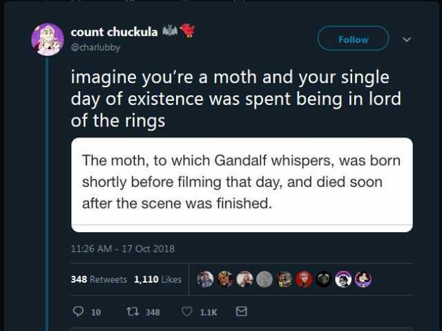 count chuckula A @charlubby imagine youre a moth and your single day of existence was spent being in lord of the rings The moth to which Gandalf whispers was born shortly before filming that day and died soon after the scene was f