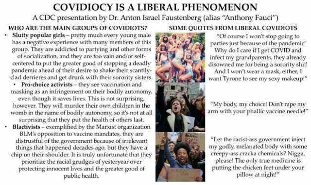 COVIDIOCY IS A LIBERAL PHENOMENON ACDC presentation by Dr. Anton Israel Faustenberg (alias Anthony Fauci) WHO ARE THE MAIN GROUPS OF coVIDIOTS sOME QUOTES FROM LuBERAL COVIDIOTS Slutty popular girls-pretty much every young male ha