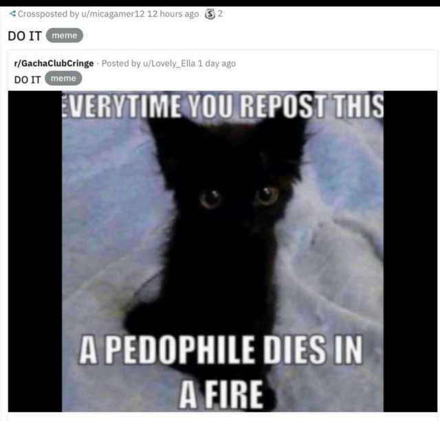 Crossposted by u/micagamer12 12 hours ago DO IT meme r/GachaclubCringe Posted by u/Lovely_Ella 1 day ago DO IT meme VERVTIMEYOU REPOSTTHIS A PEDOPHILE DIES IN A FIRE