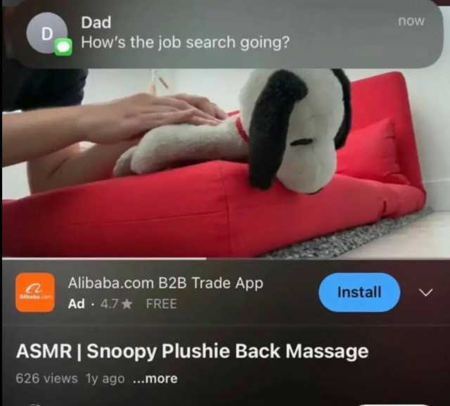 Dad now D Hows the job search going Alibaba.com B2B Trade App Install Ad 4.7 FREE ASMR I Snoopy Plushie Back Massage 626 views 1y ago .more