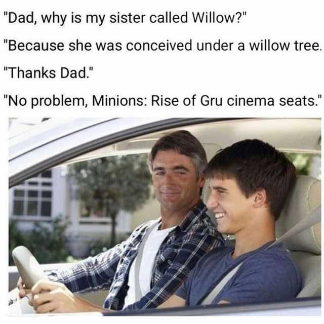 Dad why is my sister called Willow Because she was conceived under a willow tree Thanks Dad No problem Minions Rise of Gru cinema seats.