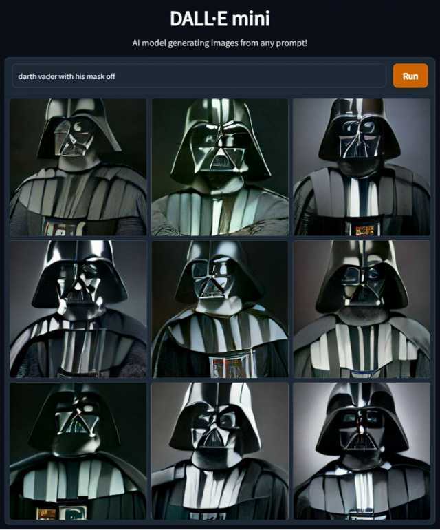 DALL-E mini Al model generating images from any prompt darth vader with his mask off Run