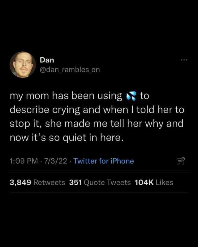 Dan @dan_rambles on my mom has been using by to describe crying and when I told her to stop it she made me tell her why and now its sO quiet in here. 109 PM-7/3/22 - Twitter for iPhone 3849 Retweets 351 Quote Tweets 104K Likes