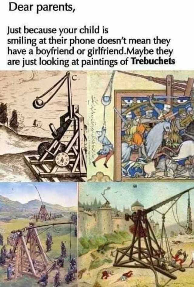Dear parents Just because your child is smiling at their phone doesnt mean they have a boyfriend or girlfriend.Maybe they are just looking at paintings of Trebuchets