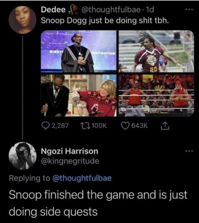 Dedee @thoughtfulbae 1d Snoop Dogg just be doing shit tbh. AINET PIRATTON 2287 ti 100K 643K Ngozi Harrison @kingnegritude Replying to @thoughtfulbae Snoop finished the game and is just doing side quests