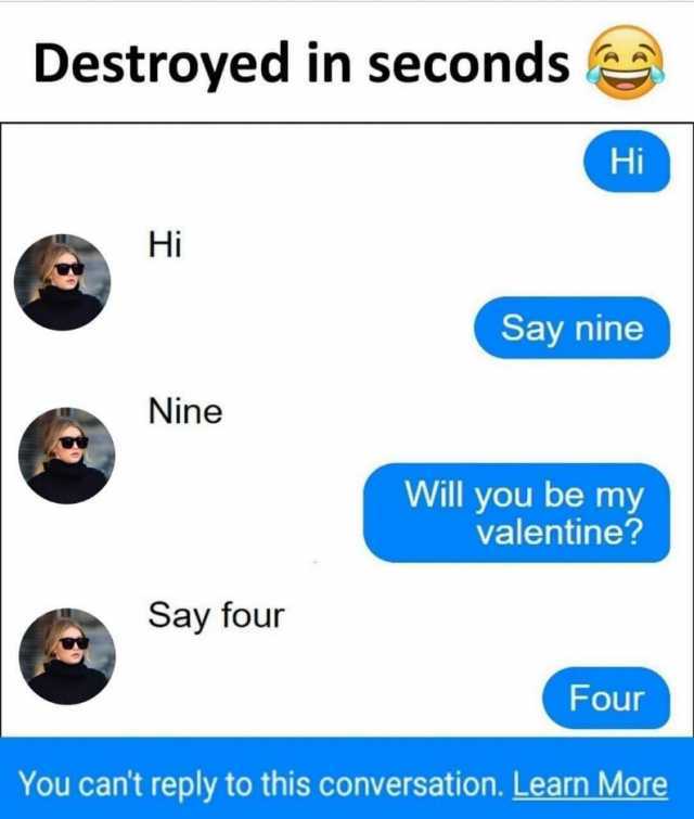 Destroyed in seconds Hi Hi Say nine Nine Will you be my valentine Say four Four You cant reply to this conversation. Learn More