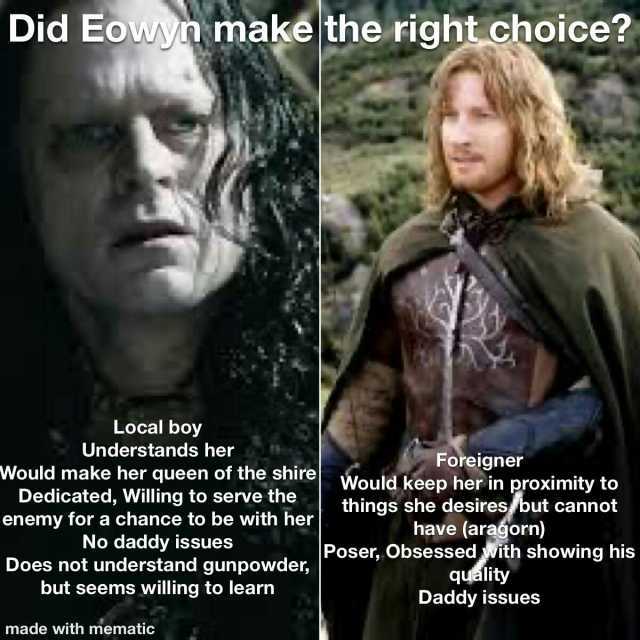 Did Eowwn maké the right.choice Local boy Understands her Foreigner Would make her queen of the shireWould keep her in proximity to Dedicated Willing to serve the things she desiresbut cannot have (aragorn) enemy for a chance to 