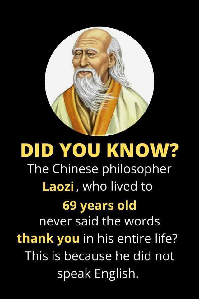 DID YOU KNOVW The Chinese philosopher Laozi who lived to 69 years old never said the words thank you in his entire life This is because he did not speak English.