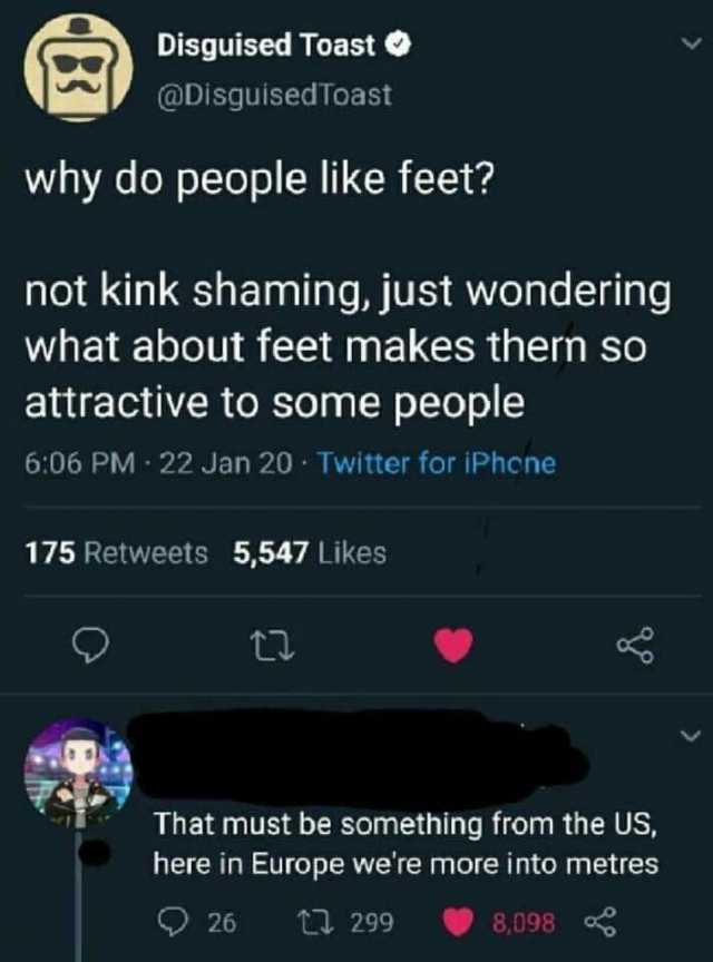 Disguised Toast @Disguised Toast why do people like feet not kink shaming just wondering what about feet makes thern so attractive to some people 606 PM 22 Jan 20 Twitter for iPhene 175 Retweets 5547 Likes That must be something f