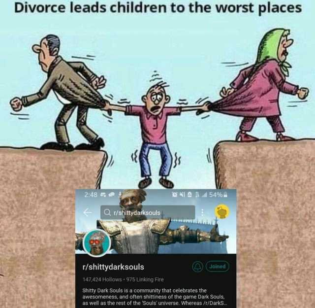 Divorce leads children to the worst places 248 c E ll 54%m Qr/shittydarksouls wwwwi.iiit r/shittydarksouls Joined) 147424 Hollows . 975 Linking Fire Shitty Dark Souls is a community that celebrates the awesomeness and often shitti
