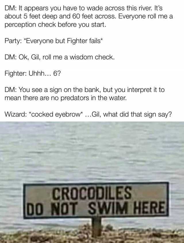 DM It appears you have to wade across this river. Its about 5 feet deep and 60 feet across. Everyone roll me a perception check before you start. Party *Everyone but Fighter fails* DM Ok Gil roll me a wisdom check. Fighter Uhhh...