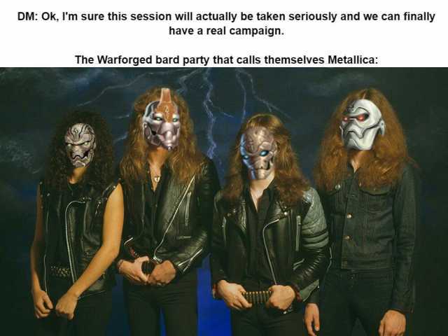 DM Ok Im sure this session will actually be taken seriously and we can finally have a real campaign. The Warforged bard party that calls themselves Metallica