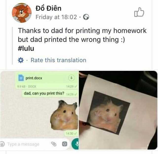 Do Diên Friday at 1802 Thanks to dad for printing my homework but dad printed the wrong thing) #lulu *Rate this translation print.docx 9.9 kB DOCx 1429 dad can you print this 1429 1430 9 Type a message