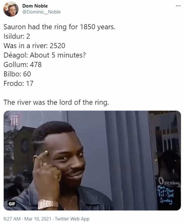 Dom Noble @DominicNoble Sauron had the ring for 1850 years. Isildur 2 Was in a river 2520 Déagol About 5 minutes Gollum 478 Bilbo 60 Frodo 17 The river was the lord of the ring. Oeens Tri Sal dog GIF 927 AM Mar 10 2021 Twitter We