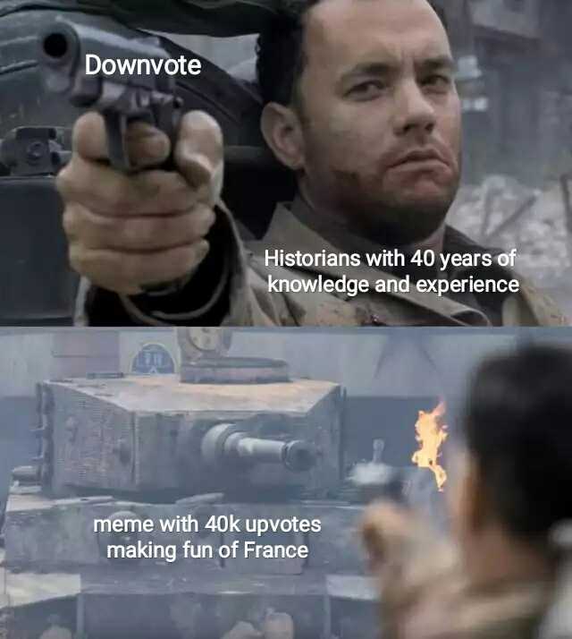Downvote Historians with 40 years of knowledge and experience meme with 40k upvotes making fun of France