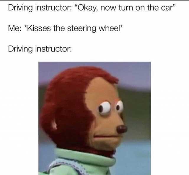 Driving instructor Okay now turn on the car Me *Kisses the steering wheel* Driving instructor 