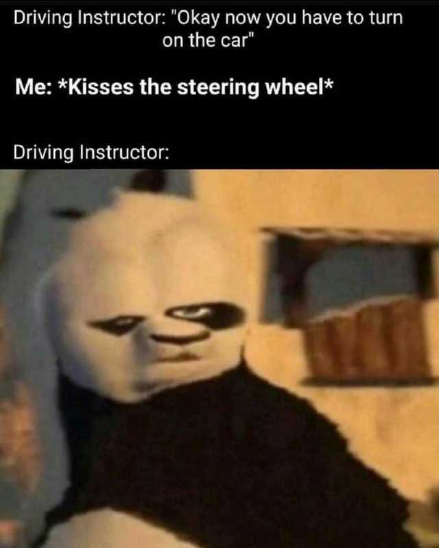 Driving Instructor Okay now you have to turn on the car Me *Kisses the steering wheel* Driving Instructor