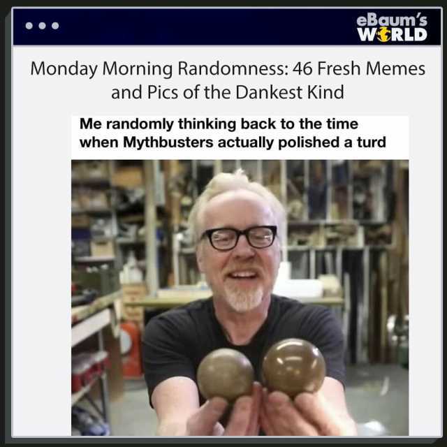 eBaums WRLD Monday Morning Randomness 46 Fresh Memes and Pics of the Dankest Kind Me randomly thinking back to the time when Mythbusters actually polished a turd