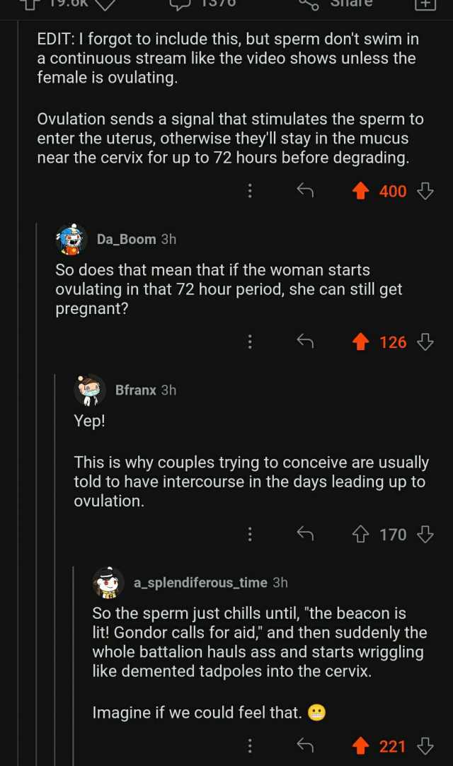 EDITI forgot to include this but sperm dont swim in a continuous stream like the video shows unless the female is ovulating. Ovulation sends a signal that stimulates the sperm to enter the uterus otherwise theyll stay in the mucus