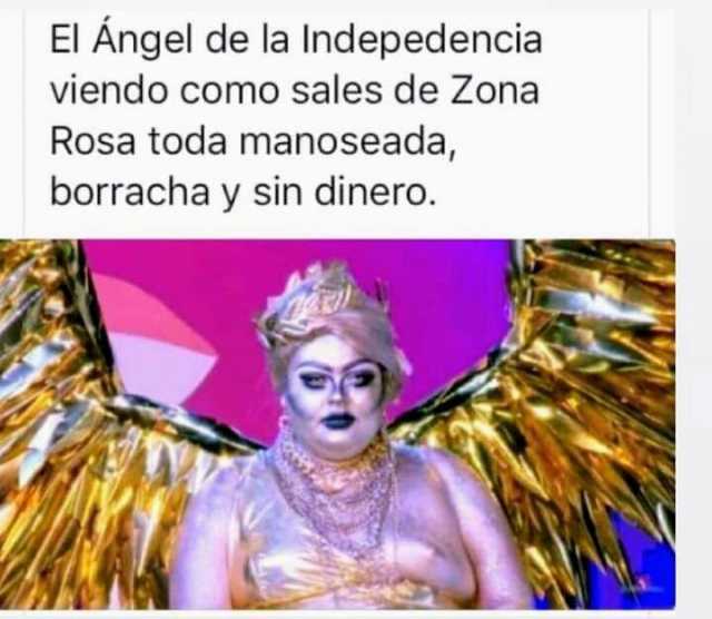 El Angel de la Indepedencia viendo como sales de Zona Rosa toda manoseada borracha y sin dinero.