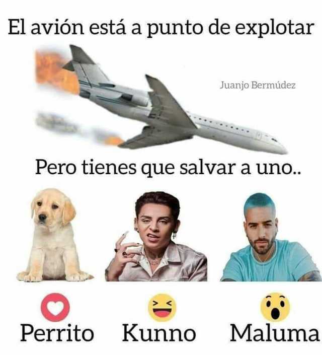 El avión está a punto de explotar Juanjo Bermúdez Pero tienes que salvar a uno.. Perrito Kunno Maluma