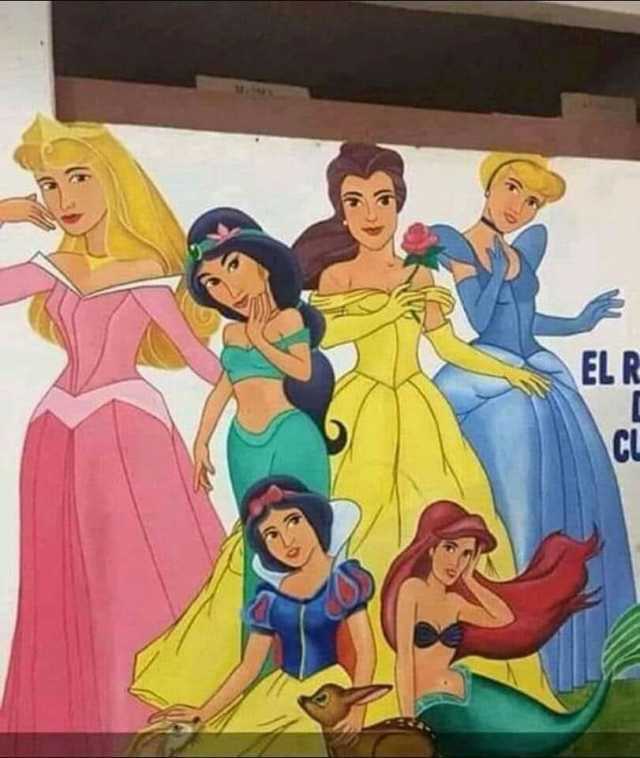 Mural de las princesas de Disney con caras de hombre