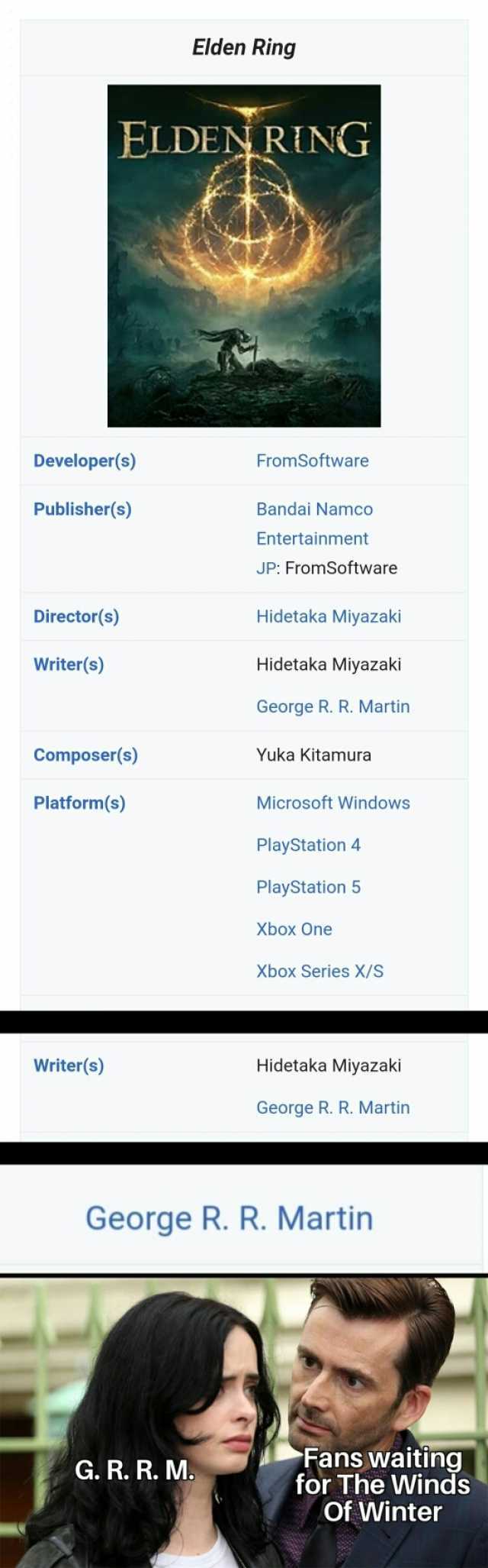 Elden Ring ELDEN RING Developer(s) FromSoftware Publisher(s) Bandai Namco Entertainment JP FromSoftware Director(s) Hidetaka Miyazaki Writer(s) Hidetaka Miyazaki George R. R. Martin Composer(s) Yuka Kitamura Platform(s) Microsoft 