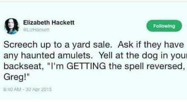Elizabeth Hackett ALiZHackett Following Screech up to a yard sale. Ask if they have any haunted amulets. Yell at the dog in you backseat Im GETTING the spell reversed Greg! 840 AM -30 Apr 2015