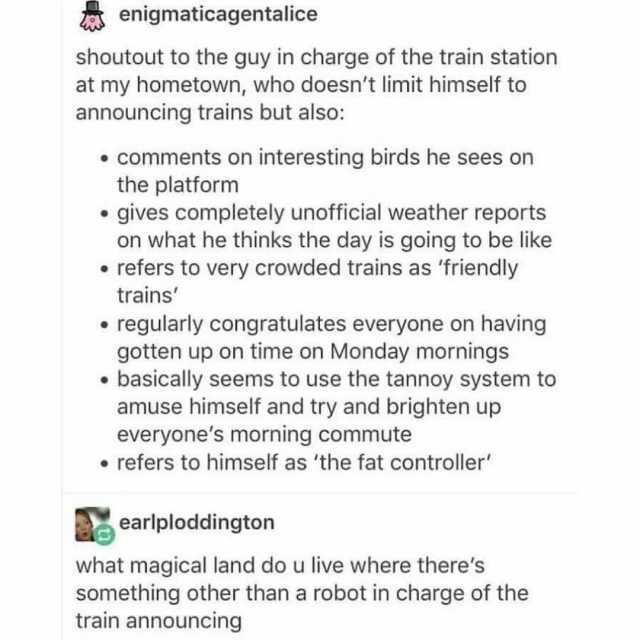 enigmaticagentalice shoutout to the guy in charge of the train station at my hometown who doesnt limit himself to announcing trains but also comments on interesting birds he sees on the platform gives completely unofficial weather
