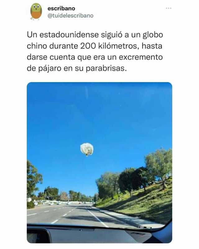 escribano @tuidelescribano Un estadounidense siguió a un globo chino durante 200 kilómetros hasta darse cuenta que era un excremento de pájaro en su parabrisas.
