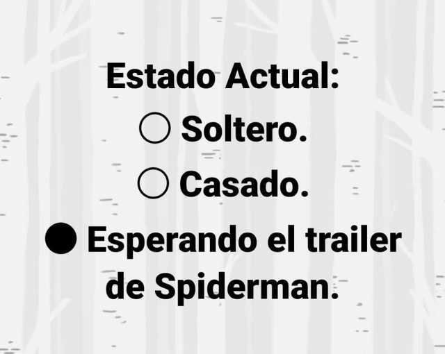 Estado Actual O Soltero. O Casado. Esperando el trailer de Spiderman.