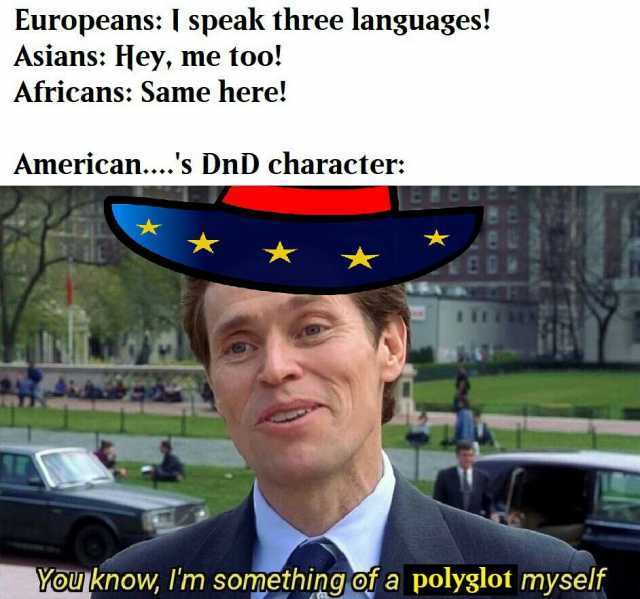 Europeans I spealk three languages! Asians Hey me too! Africans Same here! American....s DnD character Youknow Im something of a polyglot myself