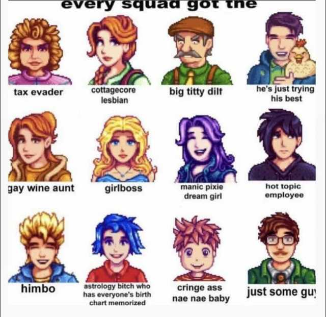 every Squad got cottagecore lesbian hes just trying his best tax evader big titty dilt gay wine aunt girlboss manic pixie dream girl hot topic employee astrology bitch whop has everyones birth chart memorized himbo cringe ass nae 