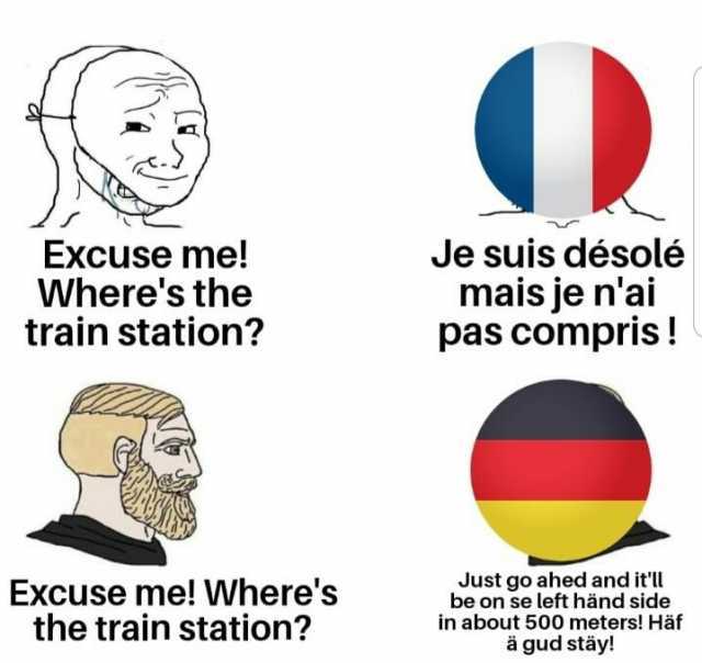 Excuse me! Wheres the train station Excuse me! Wheres the train station Je suis désolé mais je nai pas compris! Just go ahed and itll be on se left händ side in about 500 meters! Häf ä gud stäy!