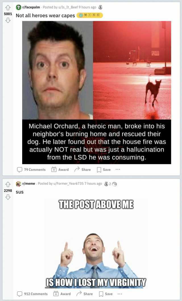 /facepalm Posted by u/Is_It_ Beef 9 hours ago 500 Not all heroes wear capes DS C Michael Orchard a heroic man broke into his neighbors burning home and rescued their dog. He later found out that the house fire was actually NOT rea