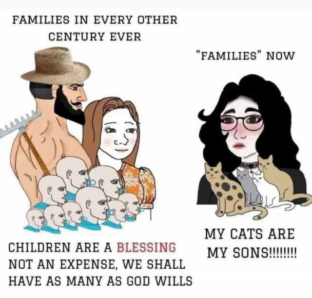 FAMILIES IN EVERY OTHER CENTURY EVER FAMILIES NOW MY CATS ARE CHILDREN ARE A BLESSING MY SONS!!! NOT AN EXPENSE WE SHALL HAVE AS MANY AS GOD WILLS