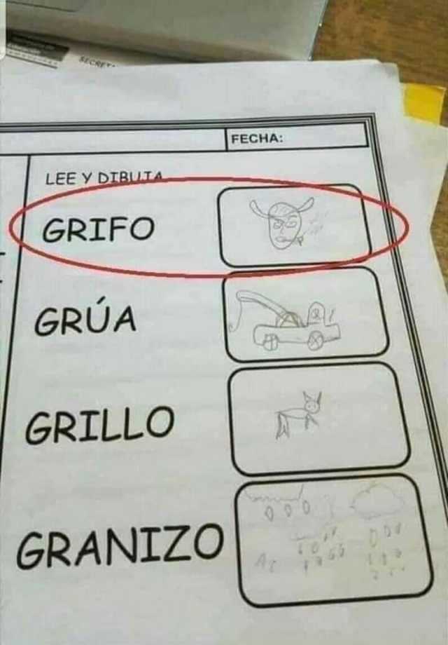 FECHA LEE Y DIBUIA GRIFO GRÚA GRILLO GRANIZO