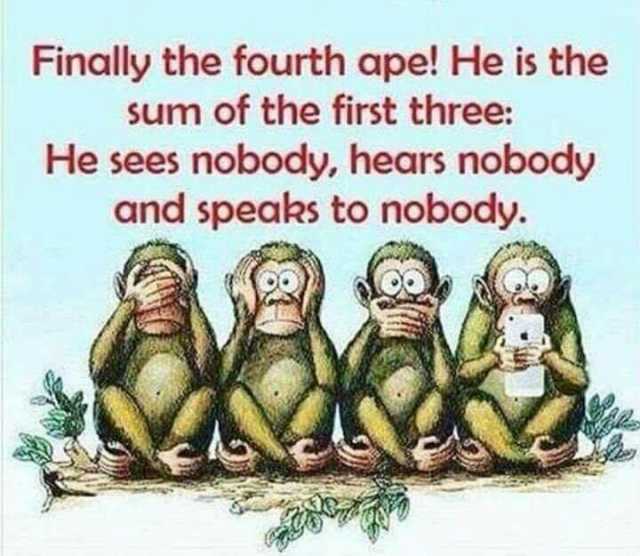 Finally the fourth ape! He is the sum of the first three He sees nobody hears nobody and speaks to nobody.