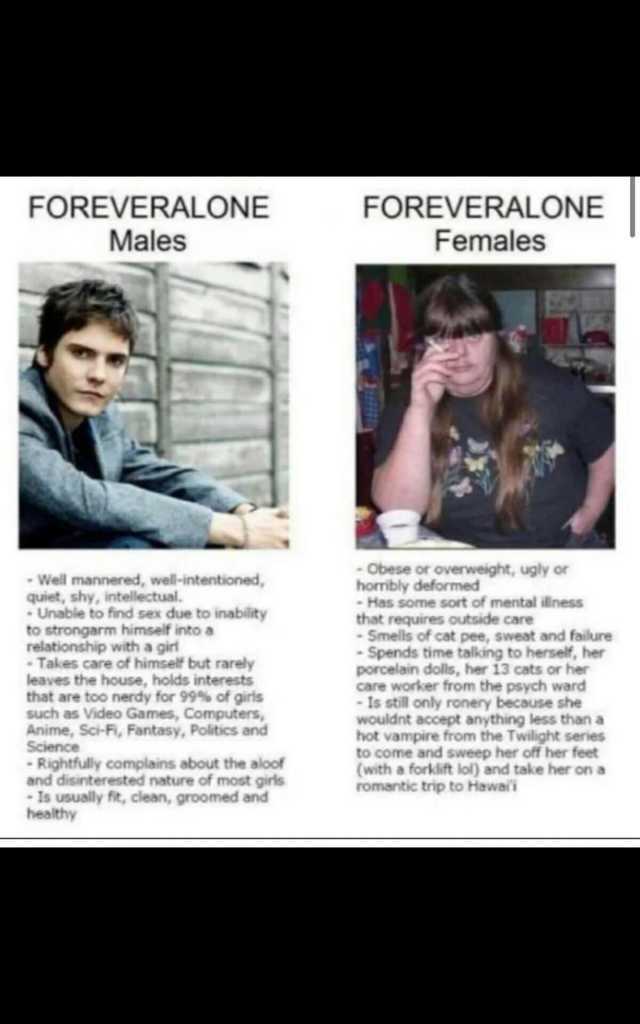 FOREVERALONE Males FOREVERALONE Females Well mannered well-intentioned quiet shy intellectual. Unable to find sex due to inability to strongarm himself into a relationship with a girf Takes care of himself but rarely leaves the ho