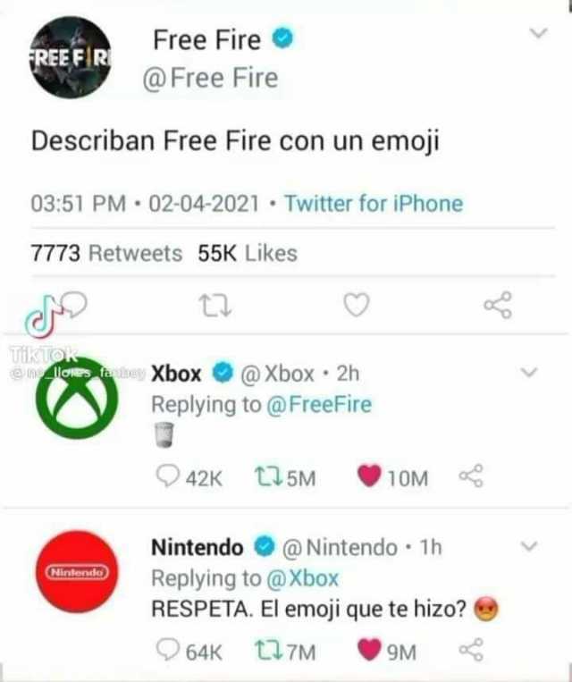 Free Fire @ Free Fire REE FIR Describan Free Fire con un emoji 0351 PM 02-04-2021 Twitter for iPhone 7773 Retweets 55K Likes TikT teXbox @Xbox 2h Replying to @FreeFire 42K t5M 1OM Nintendo@Nintendo 1h Replying to @xbox RESPETA. El