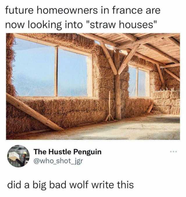 future homeowners in france are now looking into straw houses The Hustle Penguin @who_shot_jgr did a big bad wolf write this