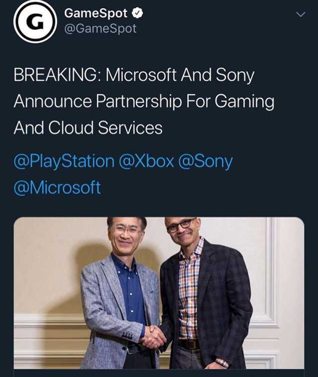 GameSpot @GameSpot BREAKING Microsoft And Sony Announce Partnership For Gaming And Cloud Services @PlayStation @Xbox @Sony @Microsoft 