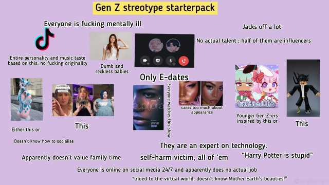 Gen Z streotype starterpack Everyone is fucking mentally ill Jacks off a lot No actual talent; half of them are influencers Entire personality and music taste based on this; no fucking originality 2 Dumb and reckless babies Only E