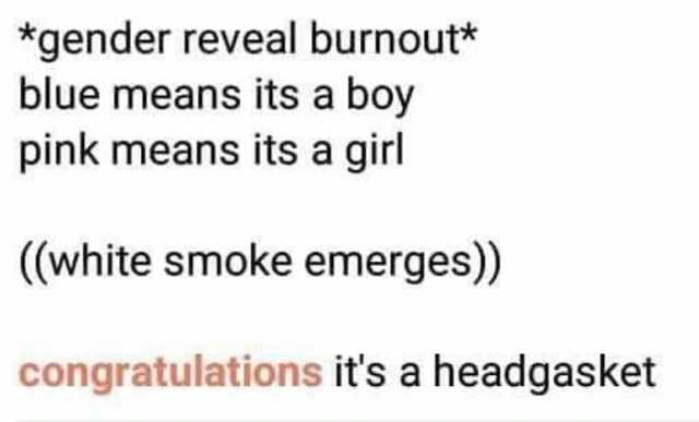 *gender reveal burnout* blue means its a boy pink means its a girl ((white smoke emerges)) congratulations its a headgasket