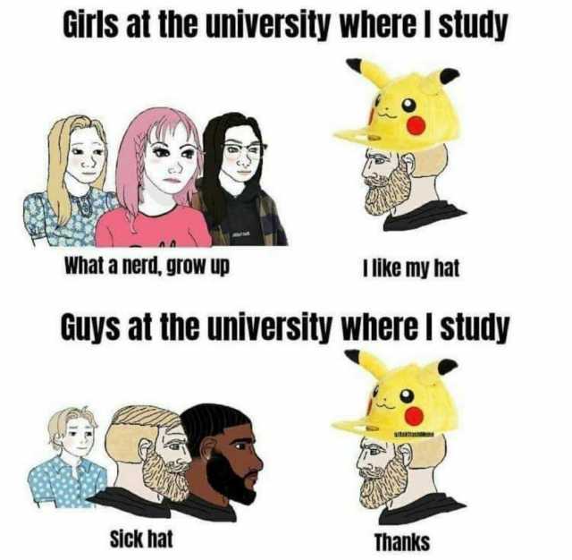 Giris at the university where I studyV What a nerd grow up I like my hat Guys at the university where I study Sick hat Thanks
